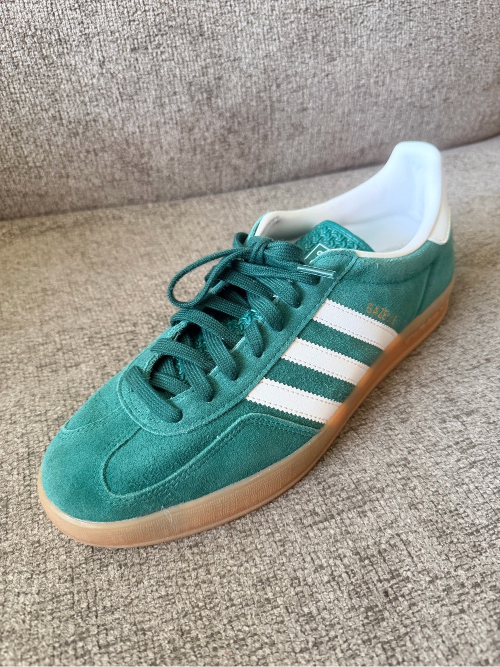 adidas Green Suede Sneakers with White Stripes and Gum Sole